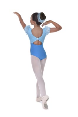 Girls bicoloured puff sleeved leotard pinched key hole